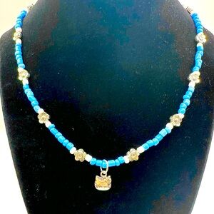 Adorable Hello Kitty Pendant Blue &White Beaded Necklace w/Silver Floral Accents